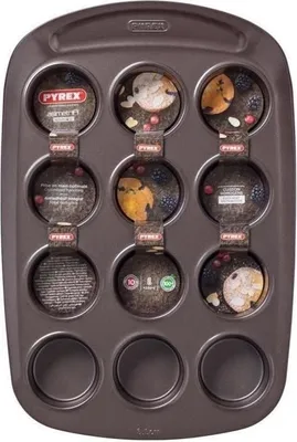 Obrázek produktu pro Forma na muffiny PYREX, s nepřilnavým povrchem, uhlíková ocel, 12 kusů, 38 x 25 cm, průměr 6,5 cm