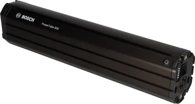 A black Bosch PowerTube 500Wh battery pack for an e-bike, shown against a white background.