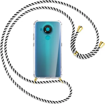 Produktbild von Handykette Backcover-Schutzhülle mit Band (Metall goldfarben) für Nokia 3.4 - schwarz/weiß gestreift