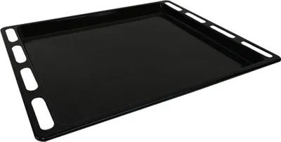 A black baking tray shown from a diagonal angle against a white background.