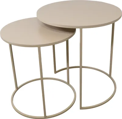 Two nesting round side tables with metal frames and beige tops, shown against a white background.