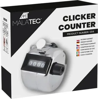 The image shows the retail packaging of a clicker counter, with the product itself partially visible.