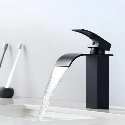 Produktbild von Moderne schwarze Wasserfall-Mischbatterie für Waschtische – Badezimmerarmatur – Geeignet für Einbauwaschtische
