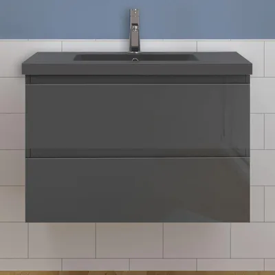 Produktbild von Waschtisch mit Unterschrank 80cm Alast Badmöbel Set Hochglanz Dunklegrau Waschbecken mit Unterschrank MDF Softclose