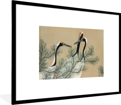 Produktbild von MuchoWow® Gerahmtes Poster Kranich - Blätter - Japanisch - Vintage 80x60 cm - Poster mit Schwarzem Bilderrahmen Wandposter Rahmen Foto Bilder - Schlafzimmer-Dekorationen - Fotoposter