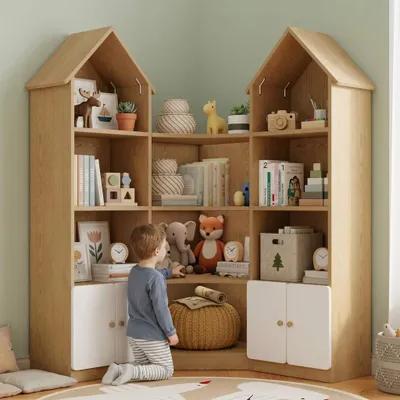 Produktbild von Flieks Kinderregal in Hausform, Kinder-Aufbewahrungsschrank mit Türen, Eckregal mit 4-stufigen Regalfächern, Natur+Weiß, 104x25x148cm, Spanplatte, KI-generiertes Bild