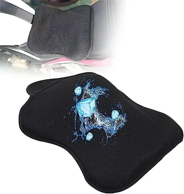 A black motorcycle seat cushion with a water and ice cube graphic.
