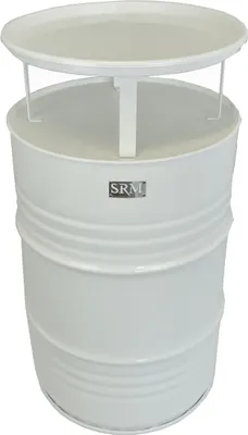 A white barrel-shaped table with a tray on top, set against a white background.