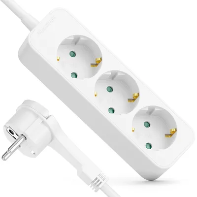 Produktbild von deleyCON 3-Fach Steckdosenleiste mit Flachstecker - 3,0m Kabel - Ideal hinter Möbel, Mehrfachsteckdose Stromkabel Verteiler Verlängerung Stromleiste 3680W 16A - Weiß