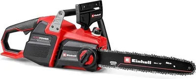A red and black Einhell cordless chainsaw is shown against a white background.