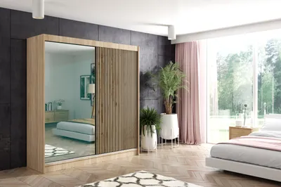 Produktbild von ALTDECOR Kleiderschrank mit Spiegel und Lamel-Schiebetüren, kugelgelagerte Führungsschienen und Aluminium-Leisten - VILO - 200 cm - Sonoma Eiche/Lamelle Eiche Wotan