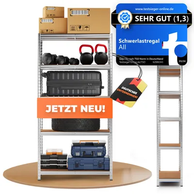 Produktbild von ALL Schwerlastregal - 180x90x40cm | Silber | Kellerregal | Lagerregal | Lastenregal | Steckregal | Metallregal | Schwerlastregal 40 cm tief