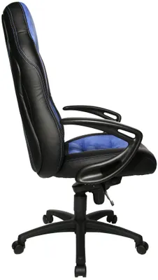 A side view of a black and blue office chair.