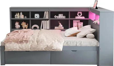Produktbild von Holzbett - Einzelbett 90x200 cm - Mit Stauraum, Regalen und Fächern - Bettrahmen aus Holz - Modernes Design - Einfache Montage - Grau ohne LED