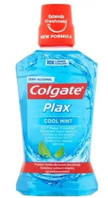 A bottle of Colgate Plax Cool Mint mouthwash.