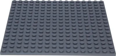 A dark gray LEGO baseplate is shown from a diagonal angle against a white background.