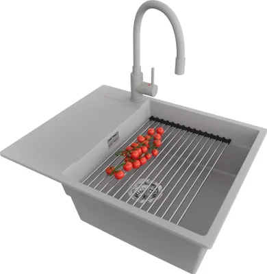 Produktbild von PRIMAGRAN Granitspüle Grau 62x50cm, Spülbecken 1 Becken + Ablauf-Set + Küchenzubehörset, Küchenspüle ab 50er Unterschrank - San Francisco