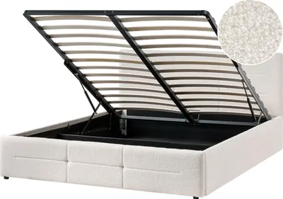 Produktbild von BELIANI Bett Cremeweiß Bouclé Gesteppt mit Bettkasten Lattenrost 160x200 cm Hochklappbar Hohes Kopfteil Modern Stauraumbett Doppelbett Polsterbett