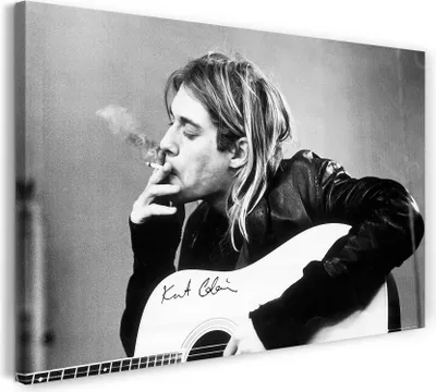 Produktbild von Leinwandbild (80x60cm): Kurt Cobain Kult-Foto schwarz weiss Gitarre Autogramm Grunge, echter Holz-Keilrahmen inkl. Aufhänger, handgefertigt in Deutschland