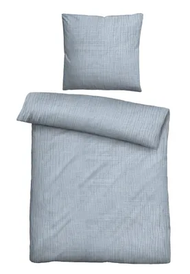 A light blue duvet cover and pillowcase are laid out flat on a white background.