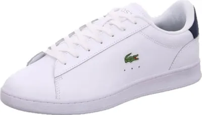 A white Lacoste sneaker with navy accents.