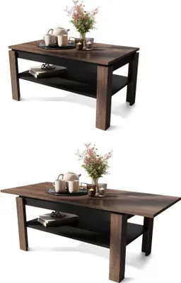 Two identical coffee tables are shown against a white background. Each table has a dark wood top and legs, with a black shelf underneath. Decorative items like teacups, a teapot, and flowers are placed on the top of each table.