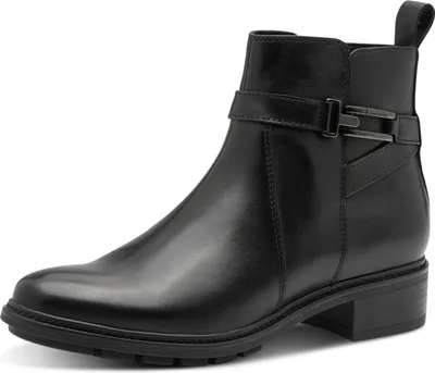 A black leather ankle boot with a buckle detail.