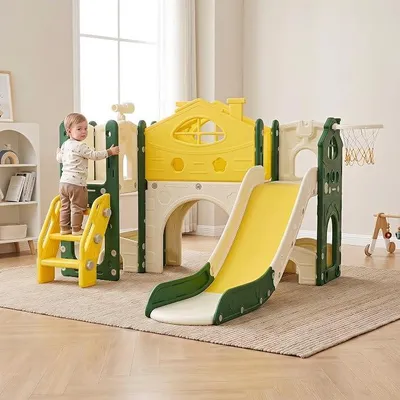 Produktbild von 7 in 1 Kinderrutsche mit Kletterleiter,Indoor Outdoor Kinderspielplatz | Kleinkinderrutsche mit Basketballkorb, Klettergerüst, Teleskop, Tunnel, Plattformgang, Aufbewahrungskorb, Kinder Spielplatz