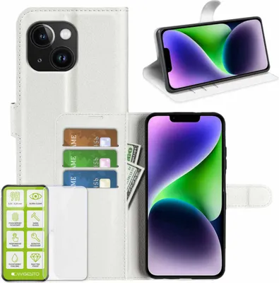 Produktbild von Für Apple iPhone 15 Plus Handy Tasche Weiß Etuis Kunst-Leder Hülle Case + H9 Hart Glas