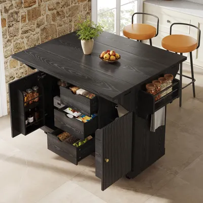 Immagine prodotto di Isola da cucina MODFU con piano di lavoro pieghevole, carrello da cucina con 3 cassetti e ripiani regolabili – carrello di servizio con spazio contenitivo e ruote, dimensioni 142,5 x 80 x 95 cm, colore nero