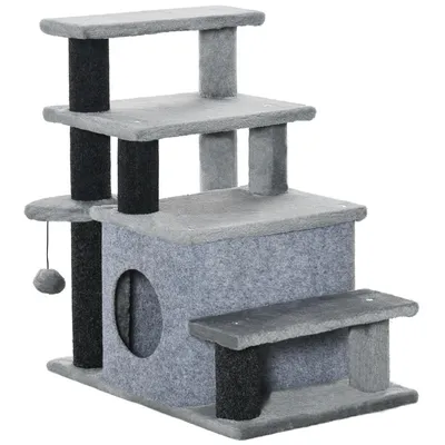 Produktbild von Katzentreppe mit Häuschen Spielball, Tiertreppe Kratzbaum 4 Stufen, Plüsch Spanplatte, Grau | höhenverstellbar | bis 5 kg | 60 x 40 x 66 cm