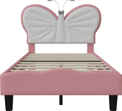 Produktbild von Kinderbett für Mädchen - 90x200 cm - Gepolstert - Leselampe - Verstellbares Kopfteil - Holzrahmen - Skandinavisches Design - Rosa