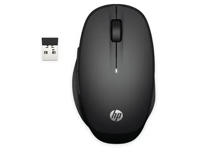 A black HP wireless mouse and its USB receiver are shown on a white background.