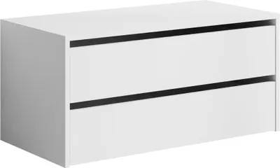 A white two-drawer cabinet with black handles.