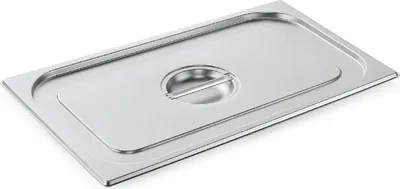 A metallic chafing dish lid with a handle.