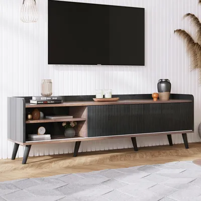 Image de MODFU Meubles TV - Meuble Bas Design avec 2 Tiroirs et Portes Coulissantes, Structure Stable, 160x40x58 cm, Noir et Bois