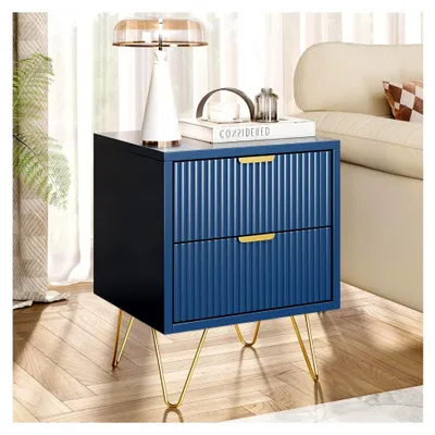 Produktbild von Nachttisch mit 2 Schubladen und goldenen Metallbeinen, Kommode, Beistelltisch, Sofatisch für Wohnzimmer und Schlafzimmer, Dunkelblau
