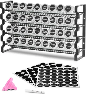 Produktbild von VEVOR 4-stöckiges Gewürzregal Gewürzhalter mit 36 leeren Gewürzgläser & Gestell & Gewürzetiketten & Trichter-Komplettset, Gewürz-Organizer für Küchen Schrank Speisekammer (463 x 118 x 282 mm)