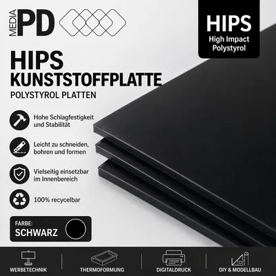 Obrázek produktu pro 5 kusů 100 x 100 cm, polystyrenové desky, HIPS plastová deska, černá, 1 mm | Desky pro modelářství a kutilství, cedule a reklamní tabule, zástěny
