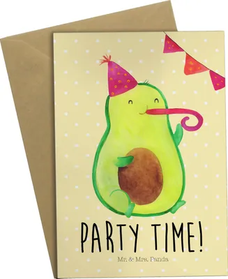 Produktbild von Mr. & Mrs. Panda Glückwunschkarte Avocado Party Zeit - Gelb Pastell - Geschenk, Glücklich, weihnachtskarten, Geburtstag, Happy Birthday, hochzeitskarten, genesungskarte