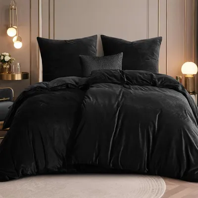 Produktbild von Bettwäsche-Set 4teilig 135x200cm Schwarz Flanell Plüsch Fleece mit 2 Kissenbezügen 80x80cm