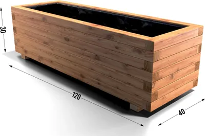 A rectangular wooden planter box with a black liner, shown from a slight angle with dimensions indicated.