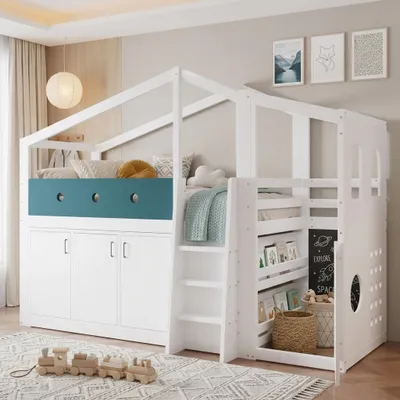 Produktbild von Merax Etagenbett Halbhohes Kinderbett 90x200cm mit Spielbereich, Hausbett Hochbett aus Holz mit Stauraumschrank und Leiter, Funktionsbett, Weiß