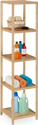 Image de Étagère de salle de bain Relaxdays, en bambou, 5 étagères, L x P x H : 162 x 38 x 39,5 cm, étagère sur pied pour salle de bain et cuisine, modèle autonome, couleur naturelle