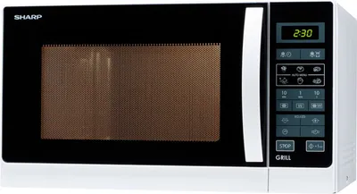 A white Sharp microwave oven is shown from a three-quarter angle against a white background.