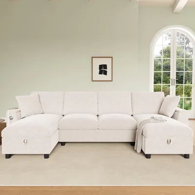 Produktbild von Merax U-Form Ecksofa 4 Sitzer, Chenille Sofa Mit 2 Chaiselongue, Klappbare Rückenlehne, Getränkehalter, Bettkasten, Stauraum, Couch, Soffa, Beige