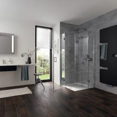 Produktbild von HSK 2820014-68-56 Aperto Eckeinstieg mit Drehtüren Pendelbar 4-teilig 800x800mm Schwarz-Matt Carré