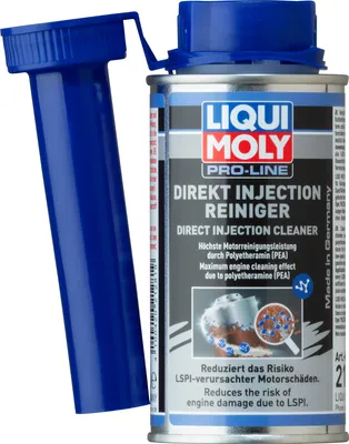 A can of Liqui Moly Direct Injection Cleaner with its blue applicator tube next to it, on a white background.