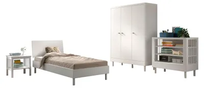 Produktbild von Einzelbett Set 90x200 Keeley Buche Weiß Massivholz Schrank Regal