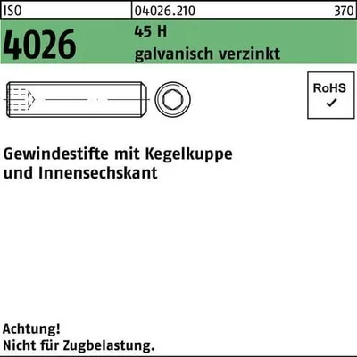 Produktbild von Gewindestift ISO 4026 Kegelkuppe/Innen-6kt M4x4 45 H galv.verz. 1000St.